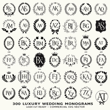 Hand-drawn elegant wedding monogram with laurel crown and calligraphy initials design