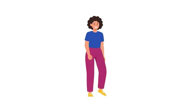 A minimalist 2D vector animation of a casual young woman with curly hair standing on a plain white background. Perfect for explainer videos, corporate presentations, and casual human interaction scene