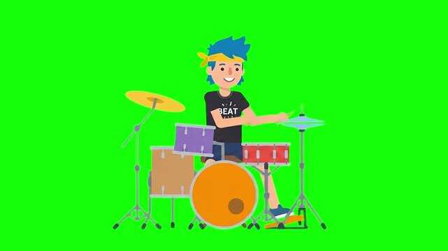 A 2D animated young man with blue hair and a headband enthusiastically plays a full drum kit. The solid green screen background allows for easy chroma keying and background replacement in music videos