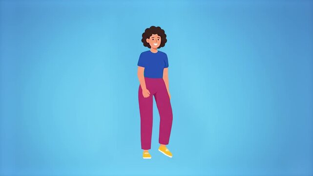A casual 2D flat animated character of a woman with curly hair dancing happily in a blue shirt and purple pants against a light blue studio backdrop. Great for lifestyle, community promos, and optimis
