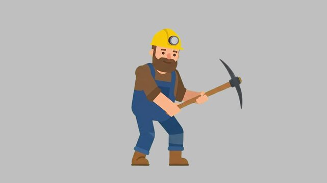 A 2D animated miner character with a beard and yellow hard hat holds a pickaxe against a solid grey background. This flat vector loop asset is ideal for historical, industrial, or educational presenta