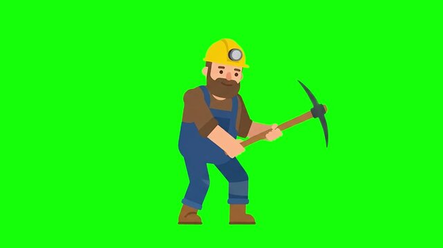 A bearded 2D animated miner wearing a hard hat with a lamp stands holding a pickaxe tool. The chroma key green background allows for custom environment replacement in industrial or gaming videos.