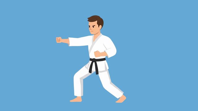 A 2D animated male fighter wearing a white gi and black belt delivers a forward punch strike. This flat vector motion graphic is perfect for sports, self-defense, or martial arts training content.