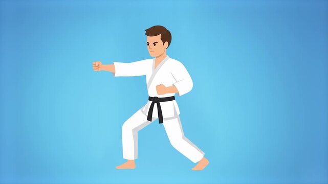 A 2D flat animation of a male martial artist wearing a traditional white gi and black belt performing a punch stance against a blue background. Perfect for sports training materials, fitness clips, an