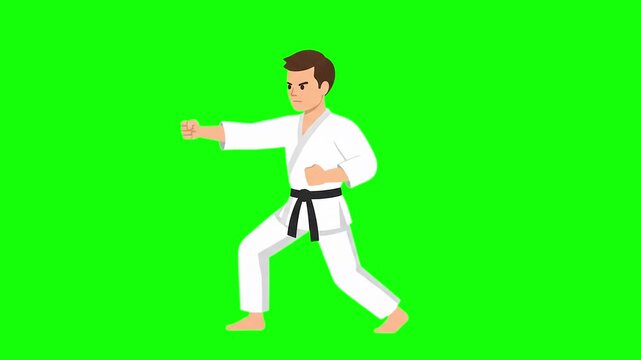 A 2D animated male fighter wearing a white gi and black belt delivers a forward punch strike. The green screen background allows for simple chroma keying and integration into combat sports videos.
