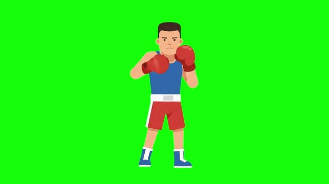 A 2D animated male boxer wearing red gloves and athletic gear stands in a defensive fighting stance. The solid green screen background enables clean chroma keying for sports and fitness content.
