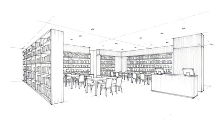 Detailed architectural sketch of a modern library interior with bookshelves and seating. © Dika