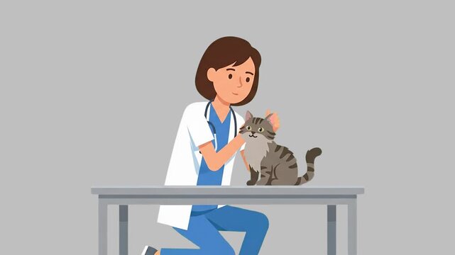 A 2D flat animated female veterinarian wearing a lab coat and stethoscope gently checks a domestic tabby cat on a medical table. The neutral grey background provides a clean presentation for veterinar