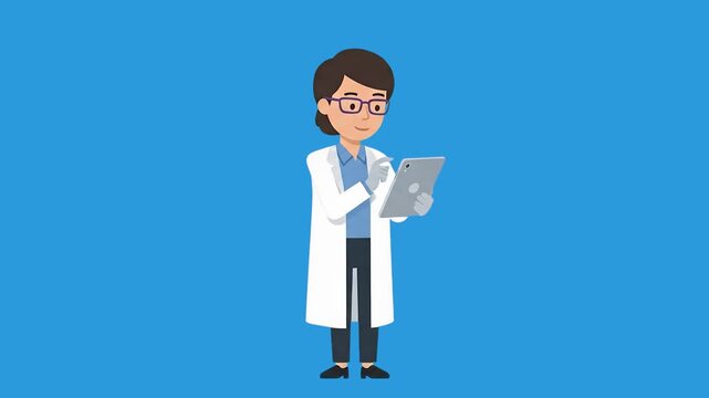 A 2D vector animation of a female doctor or scientist wearing a white lab coat and glasses while using a stylus on a digital tablet. The character stands against a clean blue backdrop, perfect for med