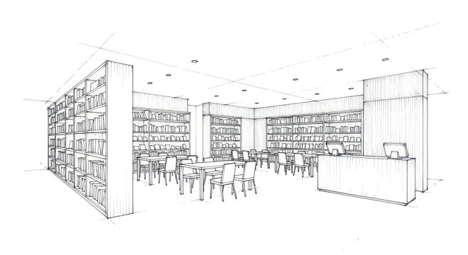 Detailed architectural sketch of a modern library interior with bookshelves and seating.