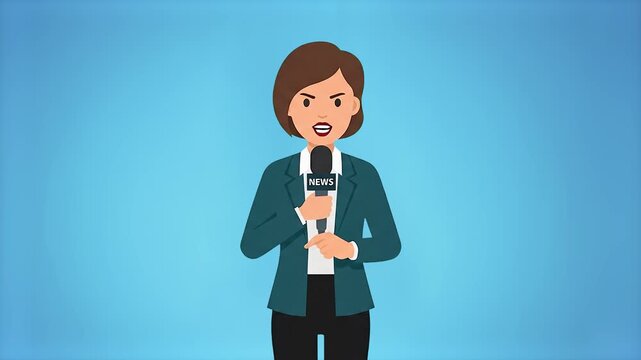 A 2D animated news anchorwoman speaks into a microphone against a solid blue background. This flat vector character animation is ideal for media, television, or corporate explainers.