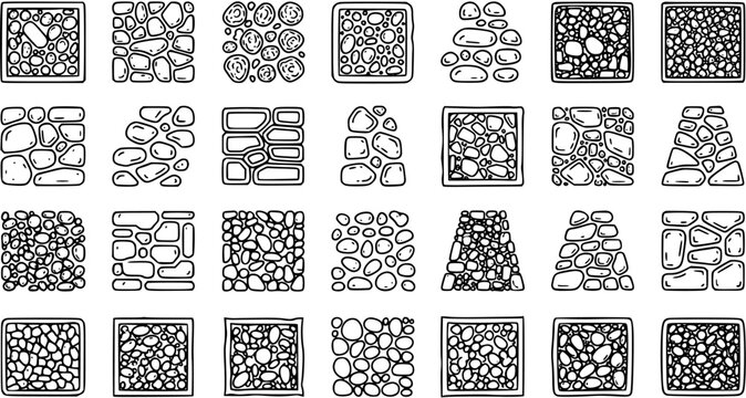 Hand-Drawn Black  White Line Art Stone  Rock Paving Textures Collection for Construction, Landscaping  Architectural Design Elements