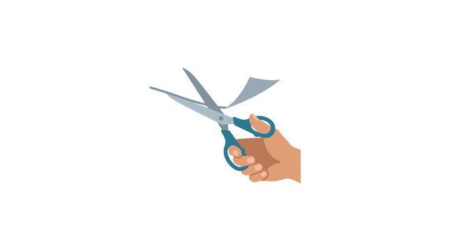 Hand holding scissors cutting paper, isolated on white background