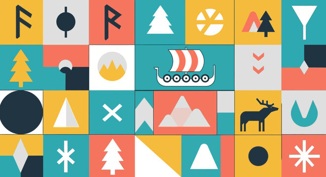 Norse Mythology Icons: Viking Ship, Runes, Deer, Mountains, Trees
