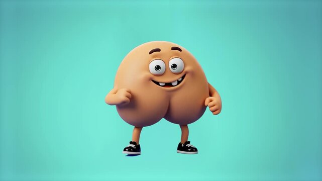 A quirky 3D rendered character in the shape of a butt smiles and dances playfully against a solid turquoise background. This creative loop animation is perfect for lighthearted health, body positivity