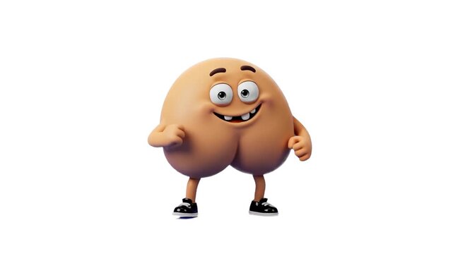 A humorous 3D cartoon character shaped like a butt with a goofy face and sneakers performs a cheerful dance. This funny mascot is isolated on a solid white background.