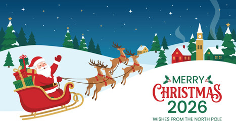 Santa Claus in a reindeer sleigh flying over a snowy winter village © rama coloring studio