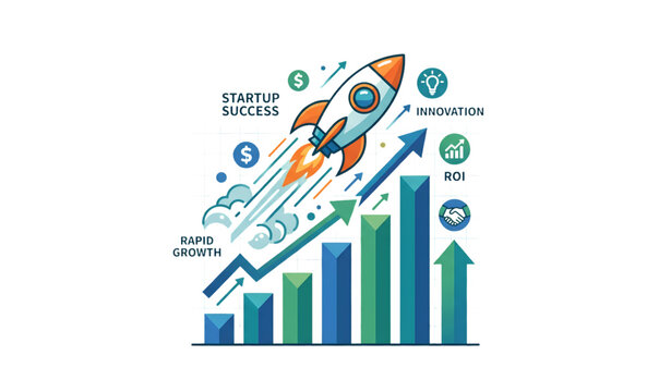 Rocket launching over growth bar chart business success startup progress vector illustration
