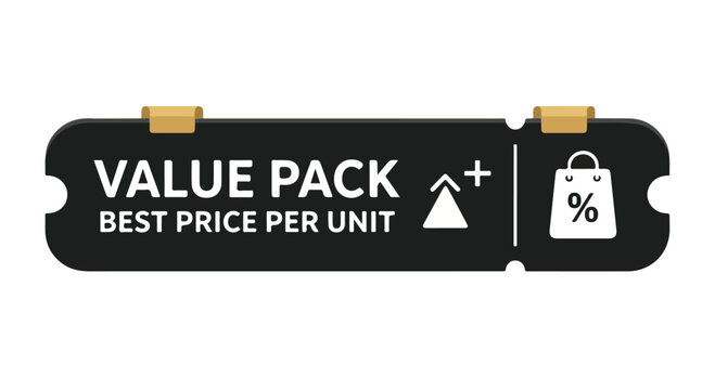 Close-up of a black value pack label with discount percentage and best price per unit text on a white background