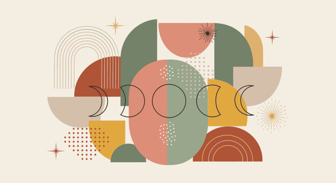 Boho Abstract Shapes, Moon Phases, Arches, Mid Century Modern Design
