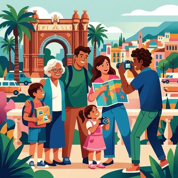 A colorful illustration of a multi-generational family happily exploring and taking pictures during their vacation in a scenic Mediterranean city.