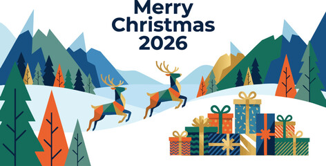 Modern Merry Christmas 2026 banner with reindeer and gift boxes © rama coloring studio