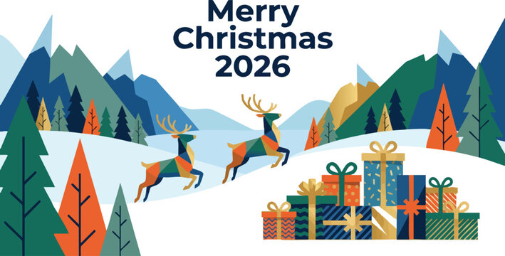 Modern Merry Christmas 2026 banner with reindeer and gift boxes