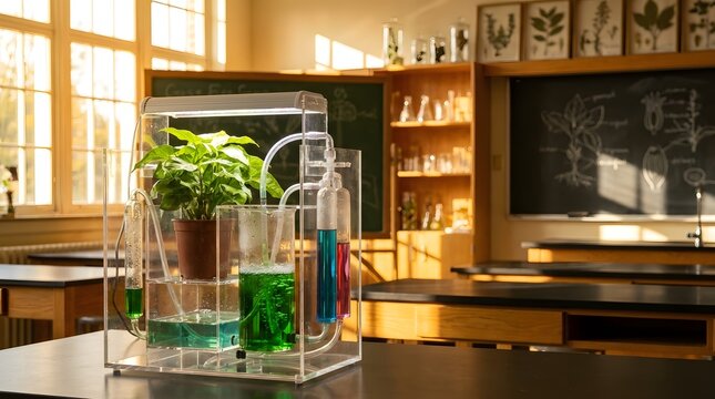 Clear Lab Aquarium Setup with Plant in Modern Classroom