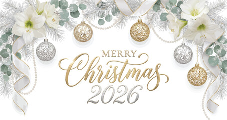 Merry Christmas 2026 greeting with white flowers and ornaments © rama coloring studio