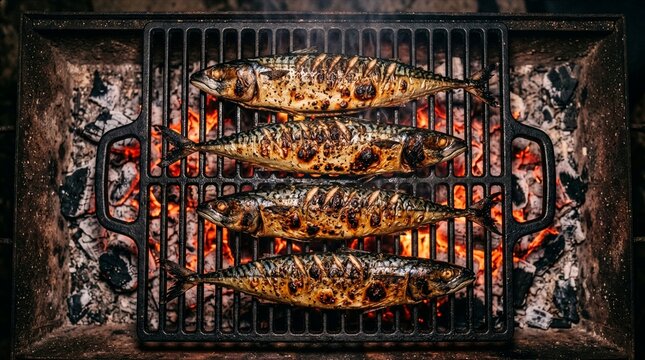 Four whole mackerel fish grilling over glowing hot coals on a cast iron barbecue grill with visible char marks and smoke
