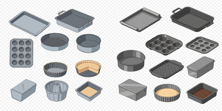 Collection of various isometric baking pans and trays for cooking and confectionery.