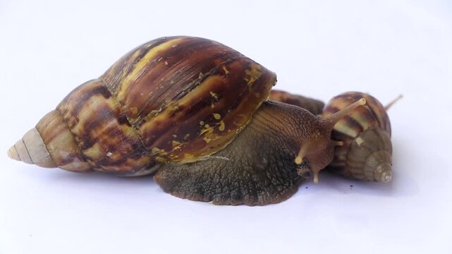 Close up macro footage of an Achatinidae land snail appearing and slowly crawling across a green leaf. Natural wildlife behavior of a mollusk with detailed shell texture, and isolated background.