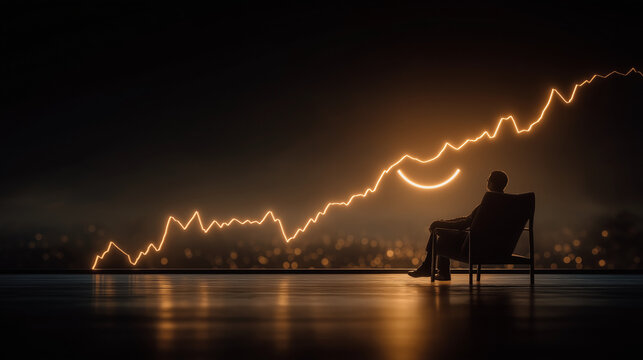 The Ascendancy of Ambition: A lone figure contemplates a luminous, upward-trending financial graph, symbolizing growth, strategy, and the relentless pursuit of success in a modern, abstract setting.