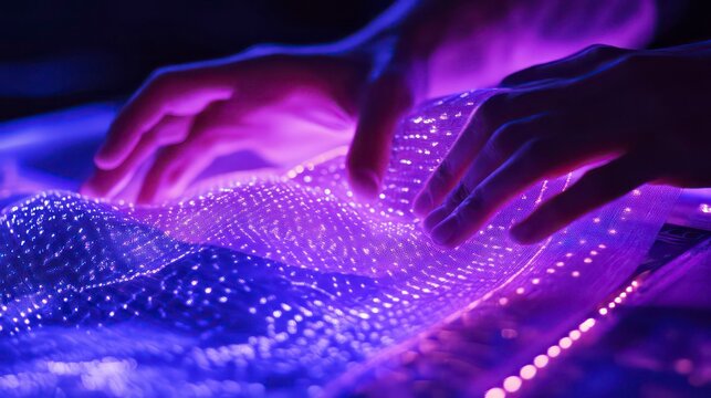 Futuristic smart fabric being woven, glowing threads and dynamic patterns, high-tech materials and innovative design