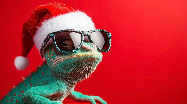 Merry Christmas concept holiday vacation winter animal pet greeting card with text - Cool chameleon with sunglasses and santa claus hat, isolated on red background