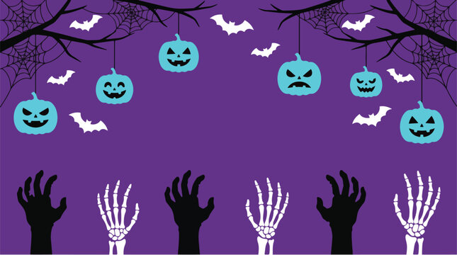Dark Halloween night scene with glowing blue jack-o'-lanterns flying in the sky and hands reaching up from the ground
