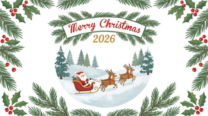 Merry Christmas 2026 greeting card with Santa and reindeer © rama coloring studio