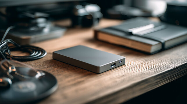Modern Gray External Hard Drive on Wooden Desk