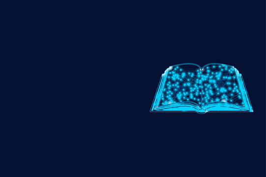 Open glowing book with blue digital network data flowing out from pages