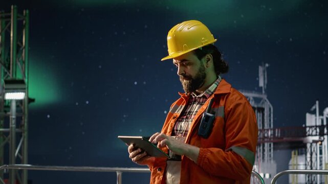 Offshore rig installation manager reviewing maritime security issues using tablet during conflict while a drilling barge worker oversees embargo affecting operations, offshore energy industry context.