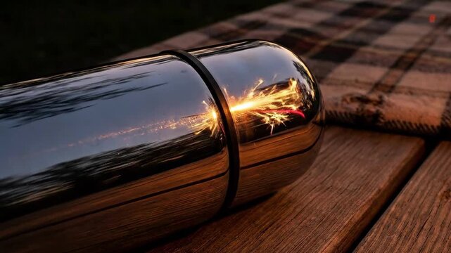 Sparkling reflection of 4th july holiday fireworks on a polished silver thermos flask resting on a rustic wooden outdoor picnic table at night