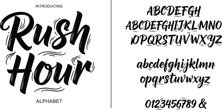Rush Hour brush script font introduction with bold dynamic strokes alphabet numbers typography vector illustration design
