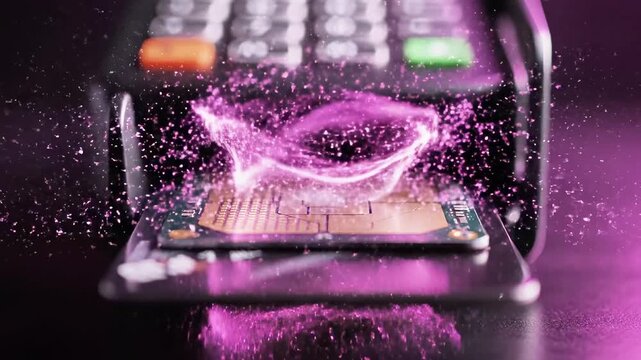 A futuristic electronic device with a vibrant purple glow and explosive effects on its screen