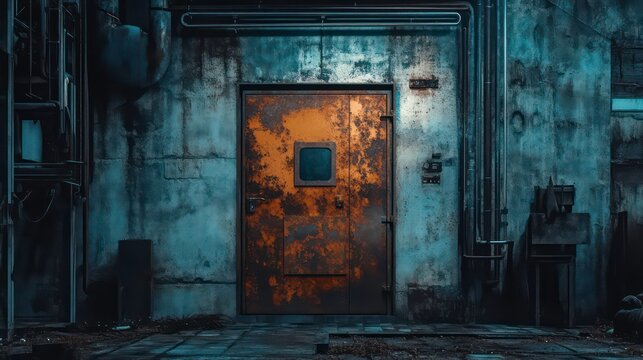 Rusty metal door in a grunge industrial building.