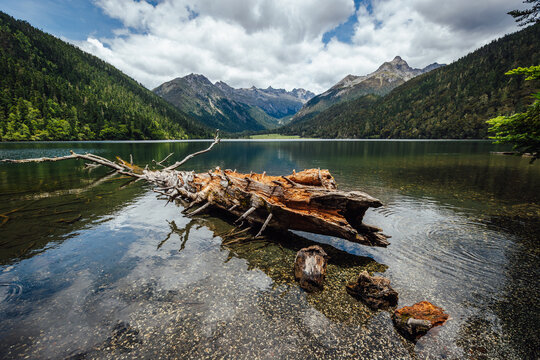One plank bridge in high altitude lake mountains