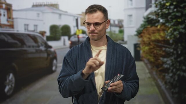 Man in robe holding tv remote points finger on residential street by parked van and row houses; curiosity.