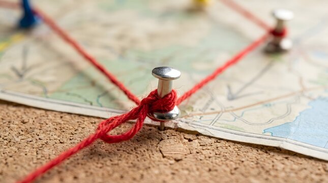 Investigation, Map, Red String Wrapped Around Metal Pin on Corkboard Map. macro focus on a silver thumbtack with tight red thread loops over a weather