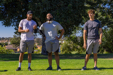 Obraz premium Diverse male friends standing on grassy field under shade tree, gesturing and wearing headphones