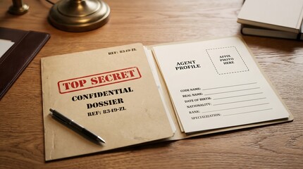 Naklejka premium Dossier, Confidential, Open Top Secret Dossier With Blank Agent Profile On Wooden Desk. a classified file with a -Top Secret- red stamp and an empty p