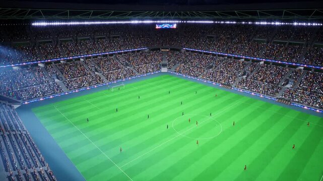 3D rendered soccer players kicking off on a stadium pitch during a late night match, with crowd cheering as team athletes compete inside an arena illuminated by spotlights for tournament footage.